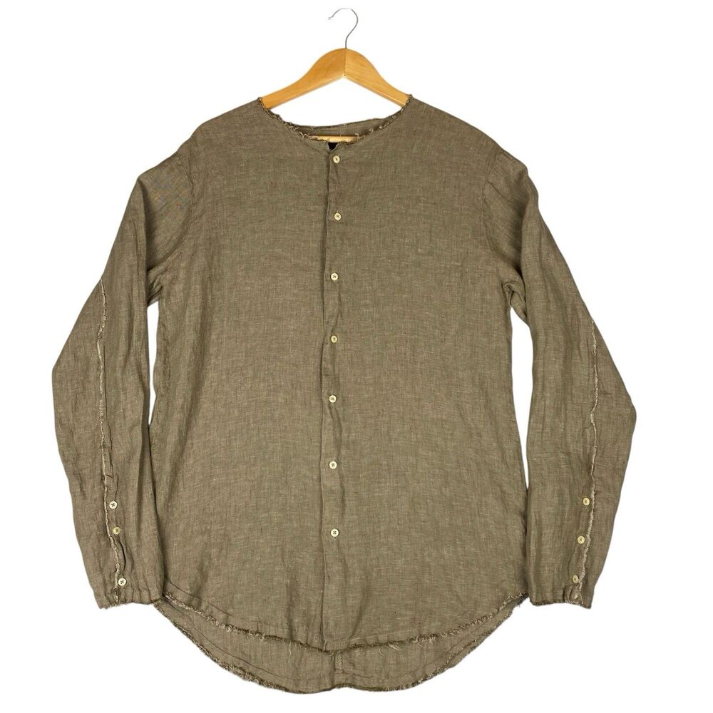 Genius 100% Linen Blouse Womens L Taupe Raw Edge Button Front Boho Top Lagenlook